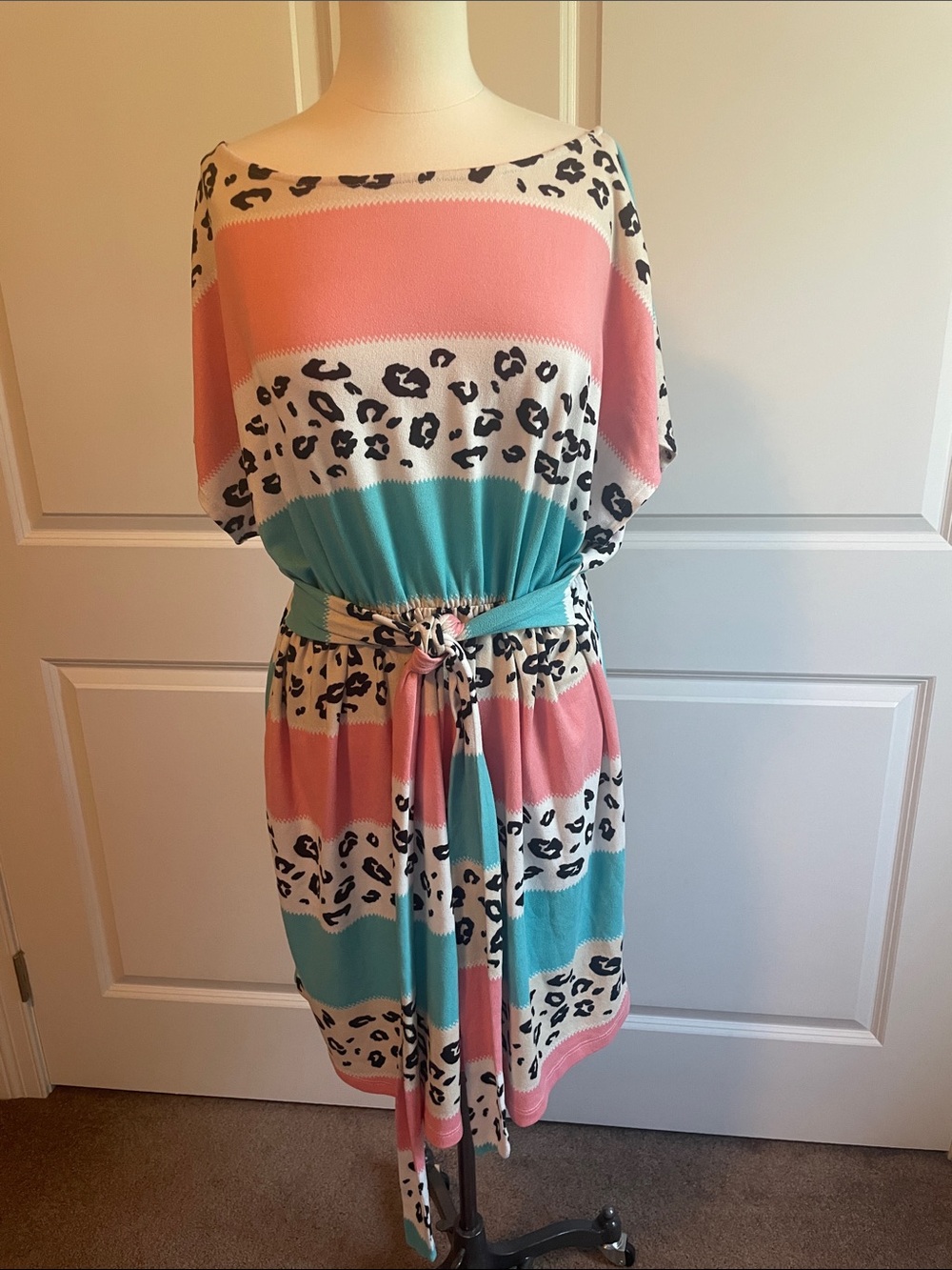ODDI Striped Pink & Teal Leopard Print Belted Dress Size 3X